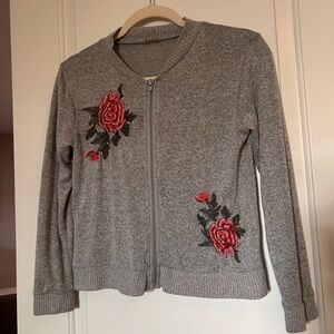 Poof! Gray Zip-Up with Red & pink embroidered roses
